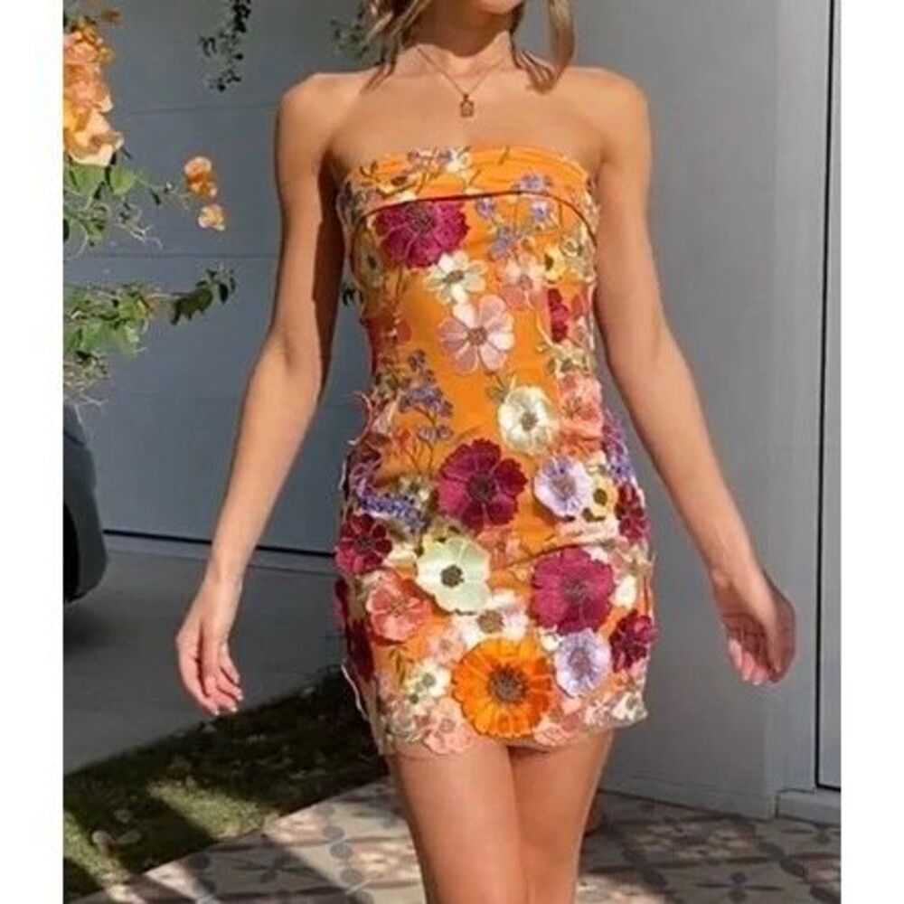 Strapless Floral Mini Dress in Orange